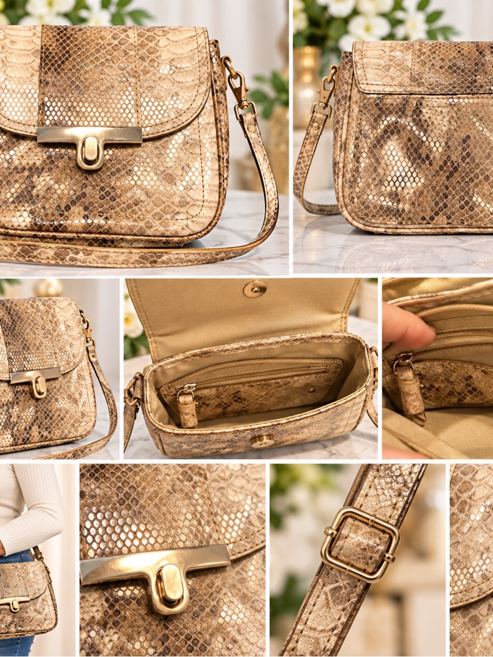 Gold Snake-Print Crossbody Bag - Unbranded